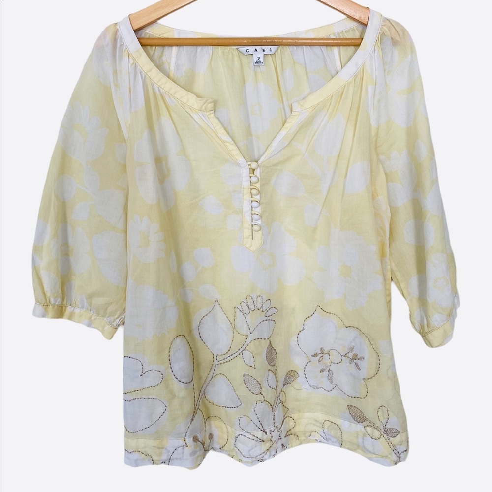 CAbi Check Embroidered Flower Button Notch Blouse - Picture 1 of 5